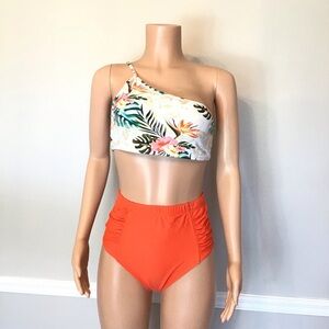 Shein Orange Floral One Shoulder High Waisted 2pc Bikini Set Size Large